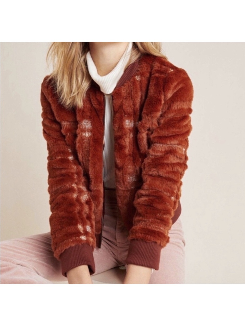 Anthropologie Plaid Teddy Faux Fur Bomber Jacket Rust Size M
